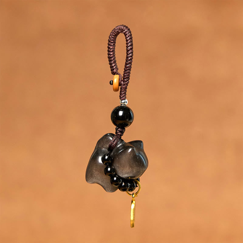 Buddha Stones Silver Sheen Obsidian Black Obsidian Gold Sheen Obsidian Cute Cat Fu Character Protection Key Chain Phone Hanging Decoration - image 7