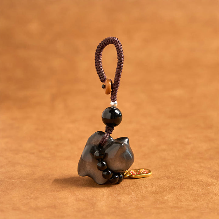 Buddha Stones Silver Sheen Obsidian Black Obsidian Gold Sheen Obsidian Cute Cat Fu Character Protection Key Chain Phone Hanging Decoration - image 8