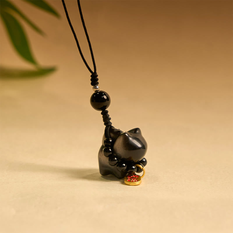 Buddha Stones Silver Sheen Obsidian Black Obsidian Gold Sheen Obsidian Cute Cat Fu Character Protection Key Chain Phone Hanging Decoration - Silver Sheen Obsidian Phone Hanging Decoration - image 11