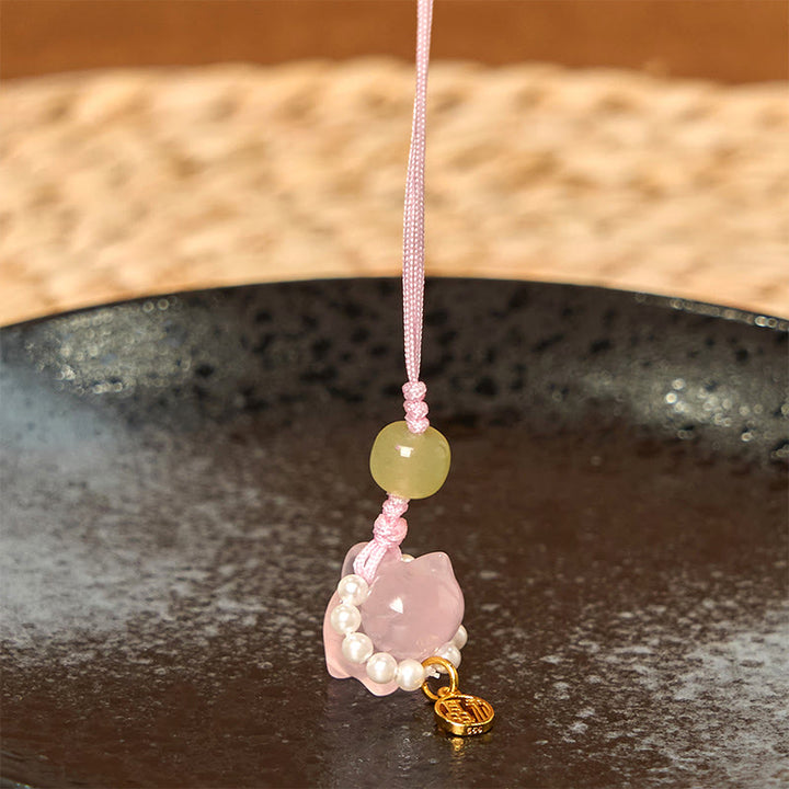 Buddha Stones Pink Crystal Amethyst Citrine Pearl Fu Character Lucky Kitten Warmth Phone Hanging Decoration