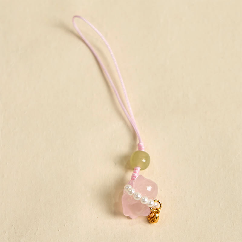 Buddha Stones Pink Crystal Amethyst Citrine Pearl Fu Character Lucky Kitten Warmth Phone Hanging Decoration