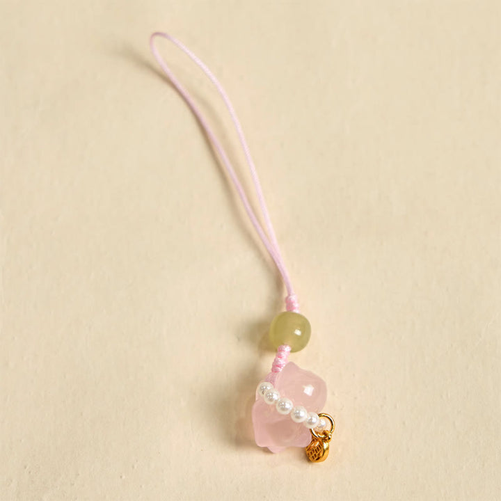 Buddha Stones Pink Crystal Amethyst Citrine Pearl Fu Character Lucky Kitten Warmth Phone Hanging Decoration