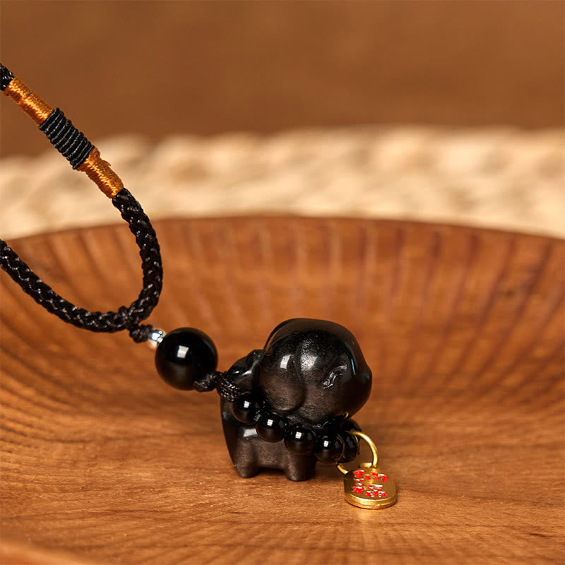 Buddha Stone Silver Sheen Obsidian Puppy Dog Fu Character Protection Necklace Phone Hanging Decoration
