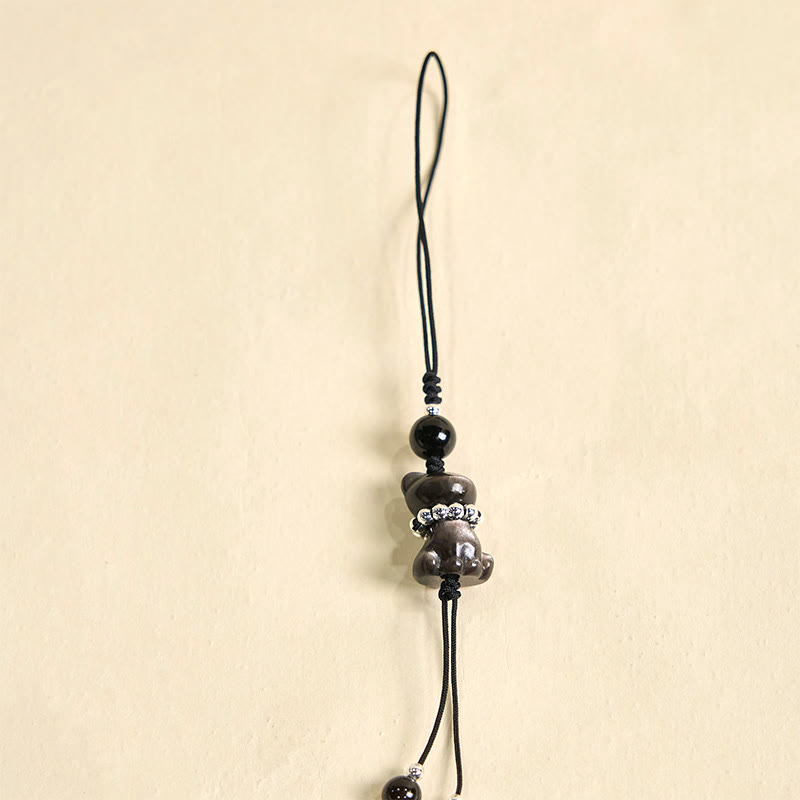 Buddha Stone Natural Silver Sheen Obsidian Noble Kitten Cat Soothing Phone Hanging Decoration