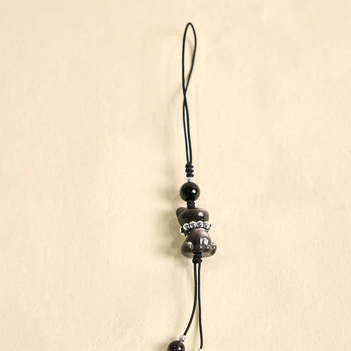Buddha Stone Natural Silver Sheen Obsidian Noble Kitten Cat Soothing Phone Hanging Decoration