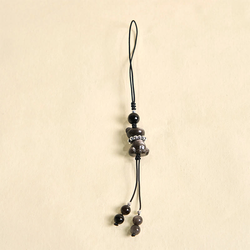 Buddha Stone Natural Silver Sheen Obsidian Noble Kitten Cat Soothing Phone Hanging Decoration