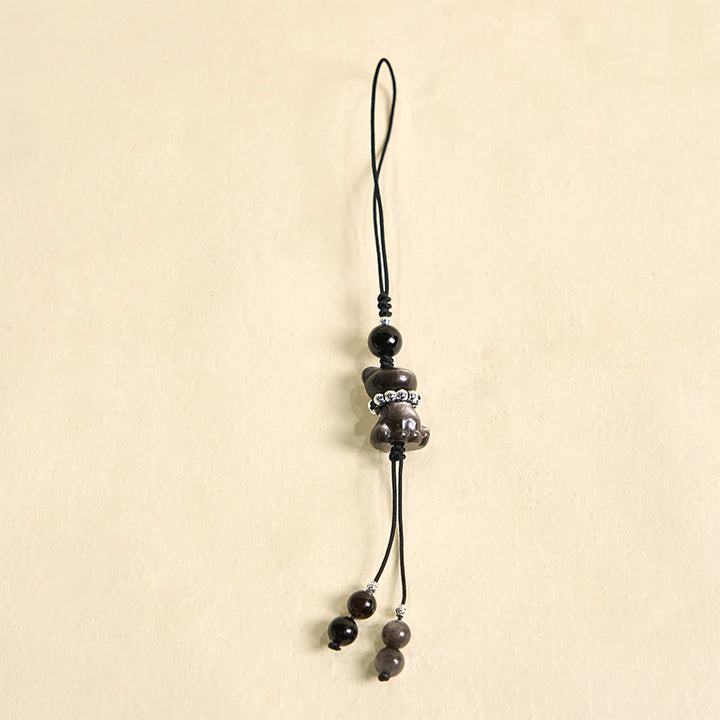 Buddha Stone Natural Silver Sheen Obsidian Noble Kitten Cat Soothing Phone Hanging Decoration