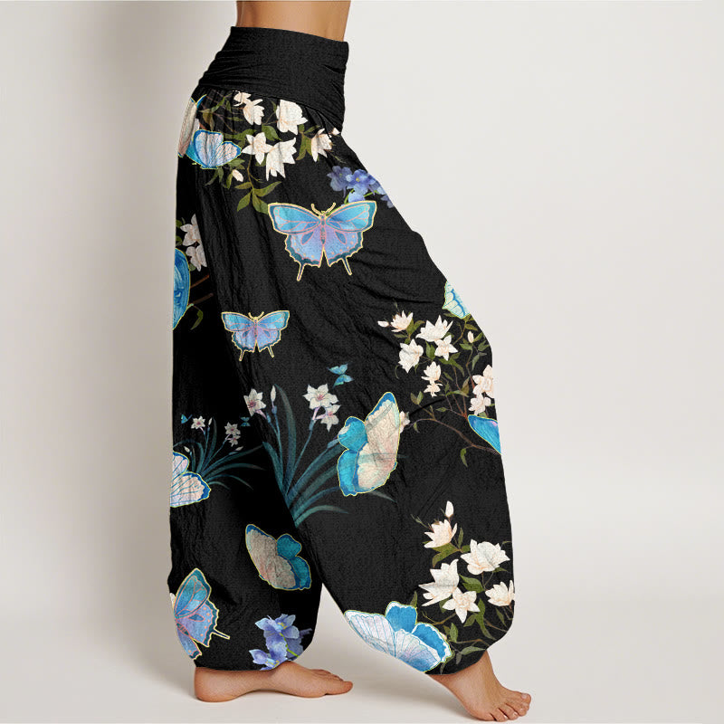 Buddha Stones Casual Butterfly And Flower Pattern Women's Elastic Waist Harem Pants