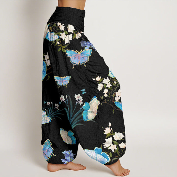 Buddha Stones Casual Butterfly And Flower Pattern Women's Elastic Waist Harem Pants