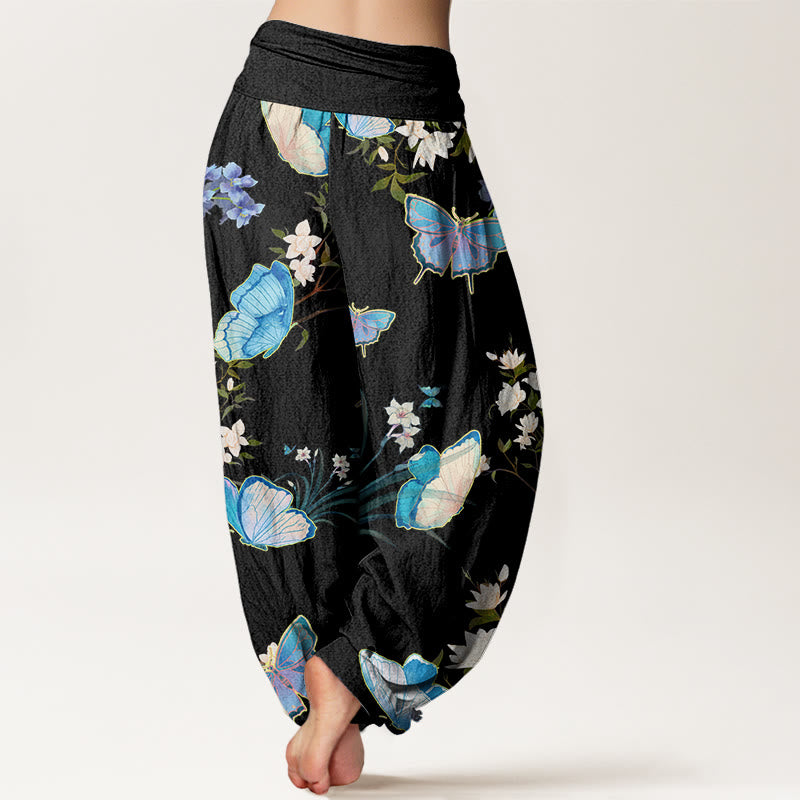 Buddha Stones Casual Butterfly And Flower Pattern Women's Elastic Waist Harem Pants