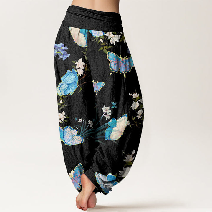 Buddha Stones Casual Butterfly And Flower Pattern Women's Elastic Waist Harem Pants
