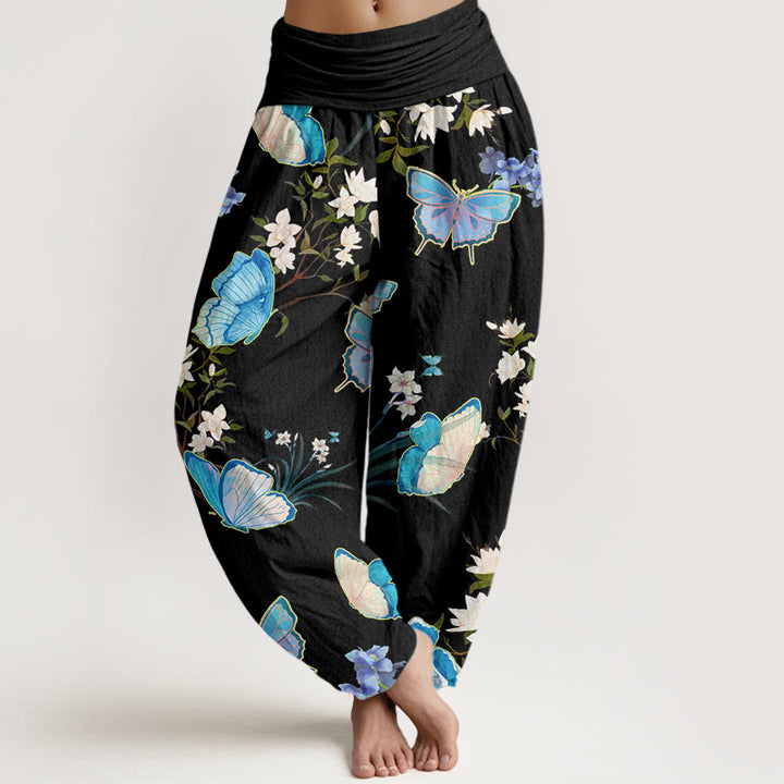 Buddha Stones Casual Butterfly And Flower Pattern Women's Elastic Waist Harem Pants