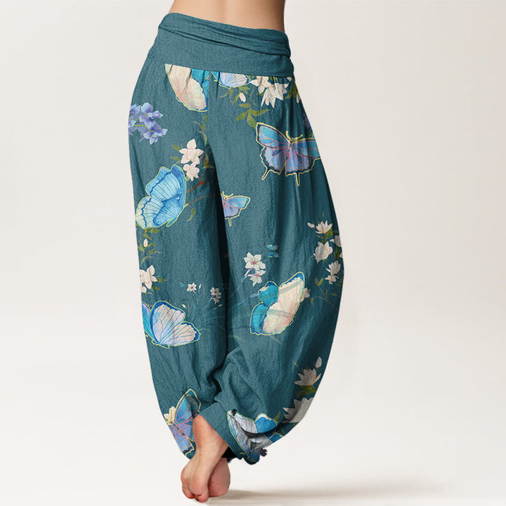 Buddha Stones Casual Butterfly And Flower Pattern Women's Elastic Waist Harem Pants