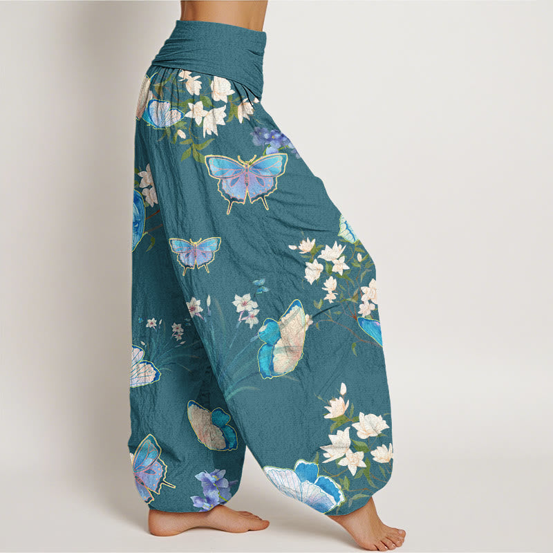 Buddha Stones Casual Butterfly And Flower Pattern Women's Elastic Waist Harem Pants