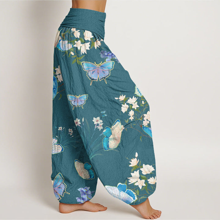 Buddha Stones Casual Butterfly And Flower Pattern Women's Elastic Waist Harem Pants