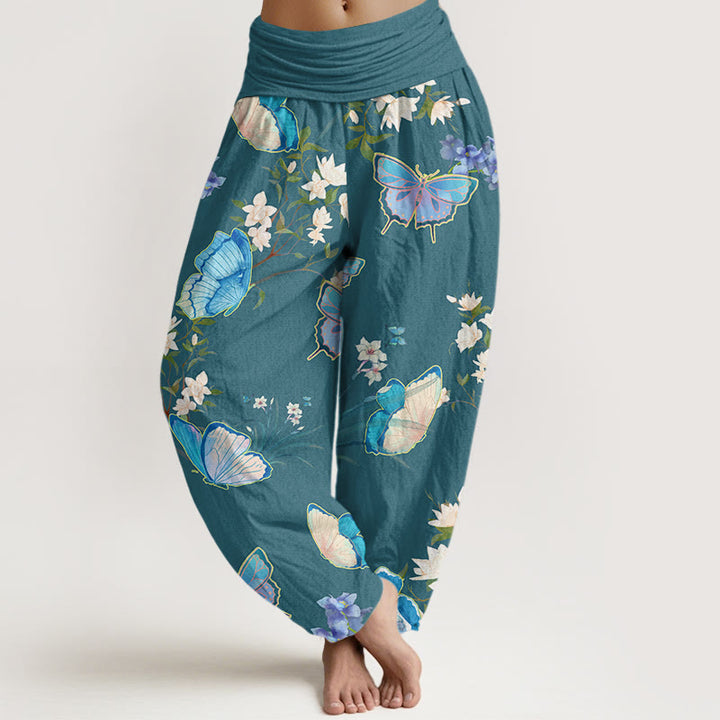 Buddha Stones Casual Butterfly And Flower Pattern Women's Elastic Waist Harem Pants