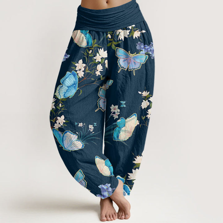 Buddha Stones Casual Butterfly And Flower Pattern Women's Elastic Waist Harem Pants