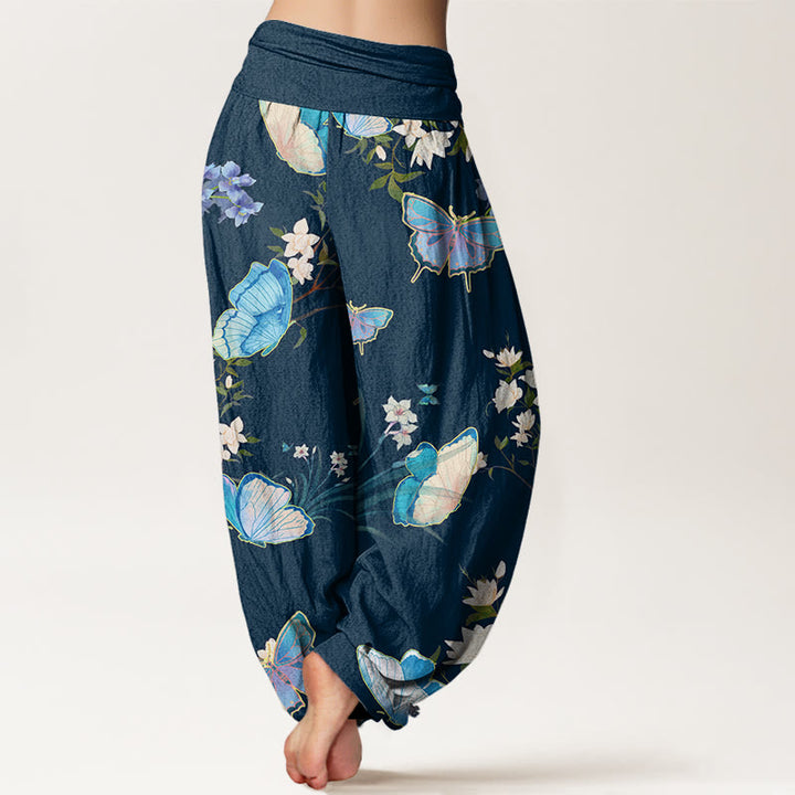 Buddha Stones Casual Butterfly And Flower Pattern Women's Elastic Waist Harem Pants