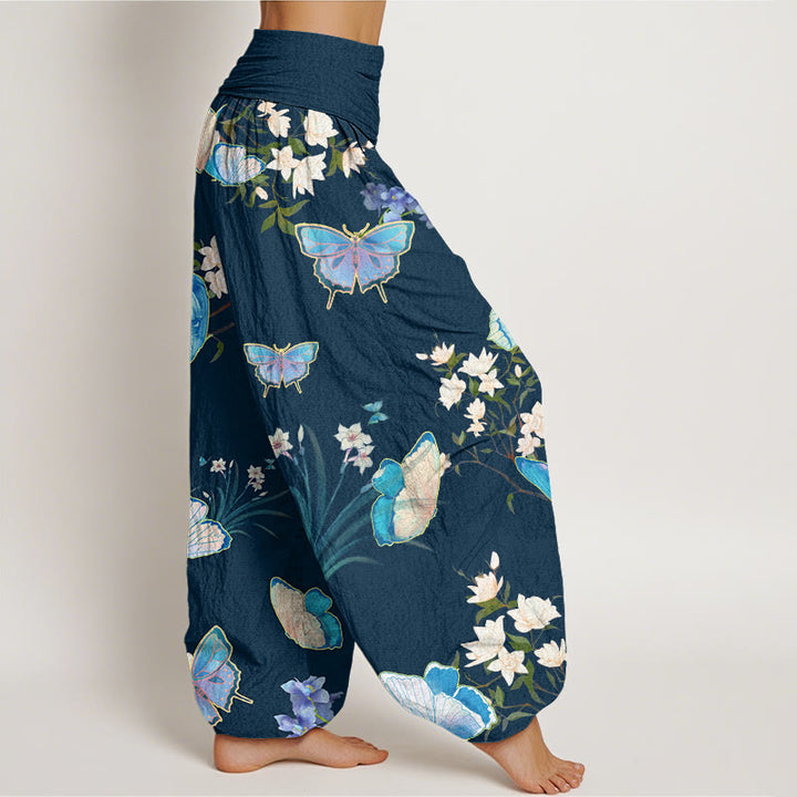 Buddha Stones Casual Butterfly And Flower Pattern Women's Elastic Waist Harem Pants