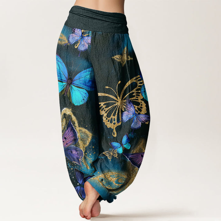 Buddha Stones Casual Butterfly Gold Pattern Women's Elastic Waist Harem Pants