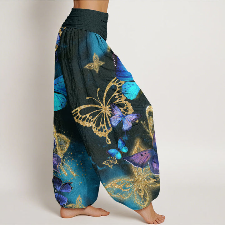 Buddha Stones Casual Butterfly Gold Pattern Women's Elastic Waist Harem Pants