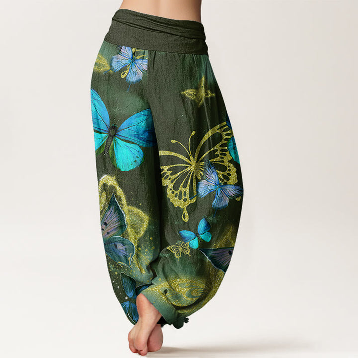 Buddha Stones Casual Butterfly Gold Pattern Women's Elastic Waist Harem Pants