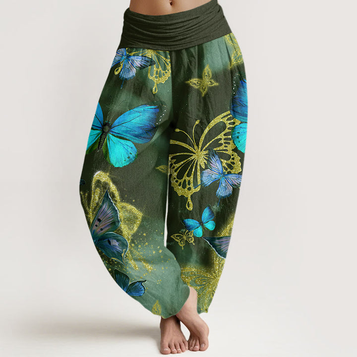 Buddha Stones Casual Butterfly Gold Pattern Women's Elastic Waist Harem Pants