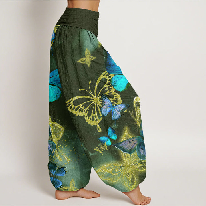 Buddha Stones Casual Butterfly Gold Pattern Women's Elastic Waist Harem Pants