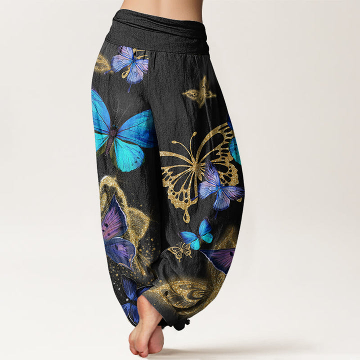 Buddha Stones Casual Butterfly Gold Pattern Women's Elastic Waist Harem Pants