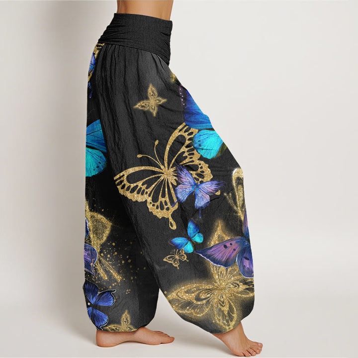 Buddha Stones Casual Butterfly Gold Pattern Women's Elastic Waist Harem Pants