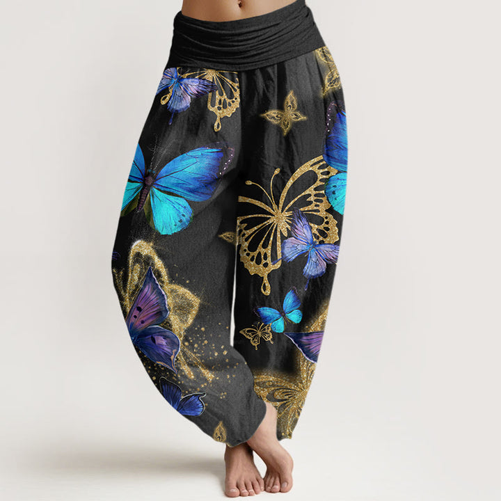 Buddha Stones Casual Butterfly Gold Pattern Women's Elastic Waist Harem Pants