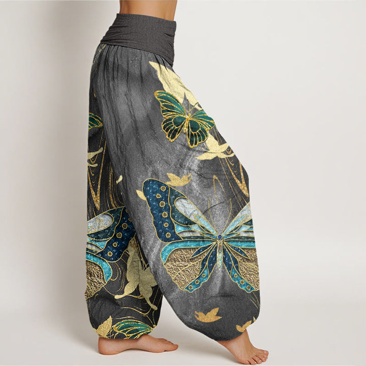 Buddha Stones Casual Butterfly Gold Line Pattern Women's Elastic Waist Harem Pants