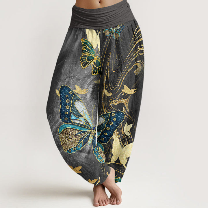 Buddha Stones Casual Butterfly Gold Line Pattern Women's Elastic Waist Harem Pants