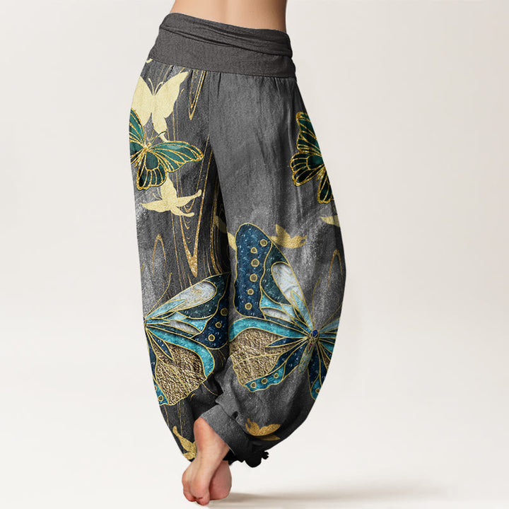 Buddha Stones Casual Butterfly Gold Line Pattern Women's Elastic Waist Harem Pants