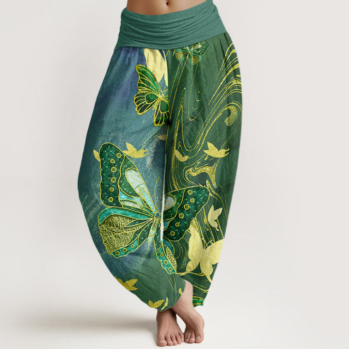 Buddha Stones Casual Butterfly Gold Line Pattern Women's Elastic Waist Harem Pants