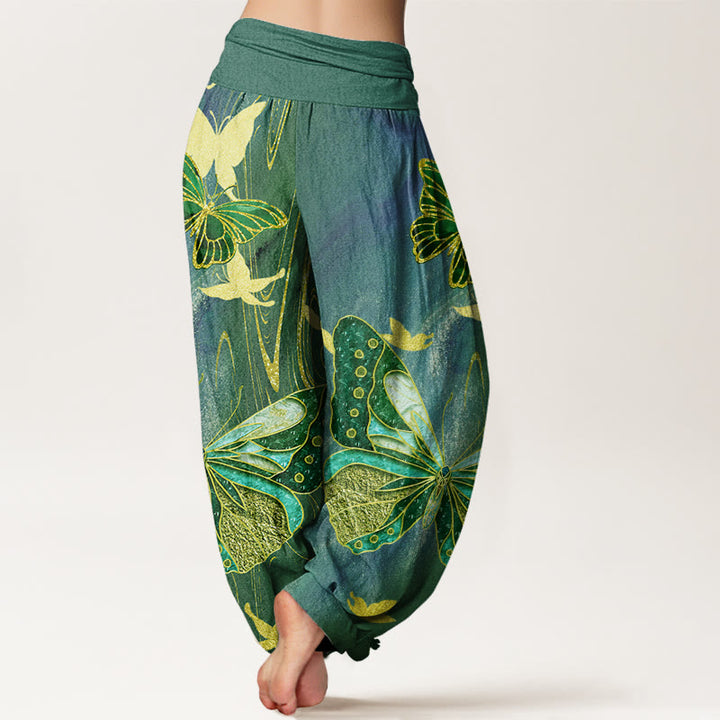 Buddha Stones Casual Butterfly Gold Line Pattern Women's Elastic Waist Harem Pants