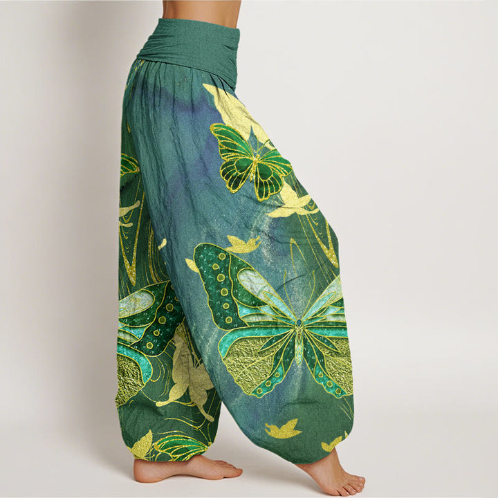 Buddha Stones Casual Butterfly Gold Line Pattern Women's Elastic Waist Harem Pants