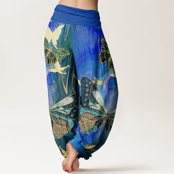 Buddha Stones Casual Butterfly Gold Line Pattern Women's Elastic Waist Harem Pants