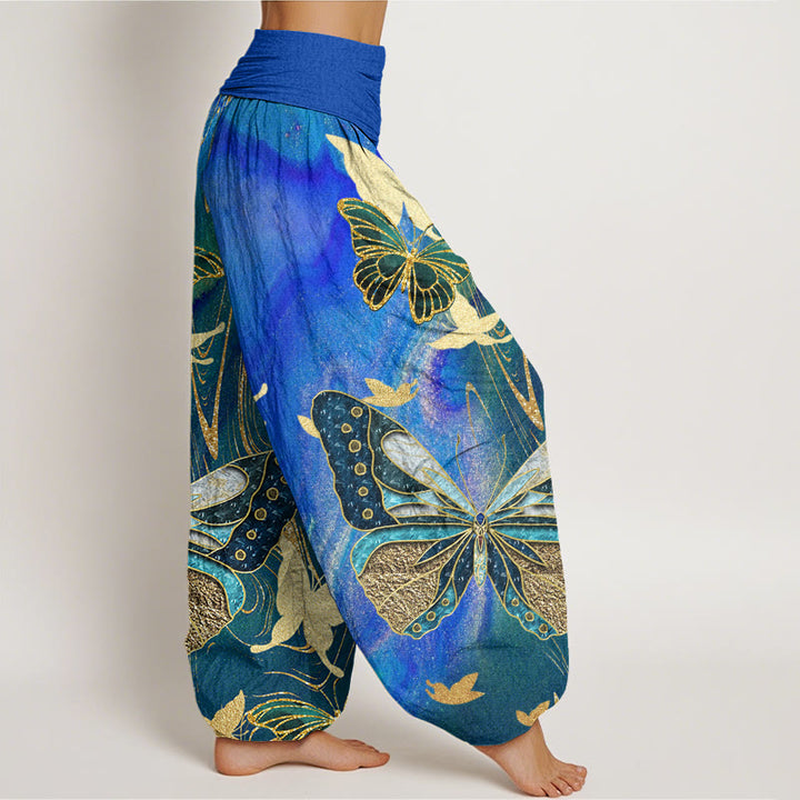 Buddha Stones Casual Butterfly Gold Line Pattern Women's Elastic Waist Harem Pants