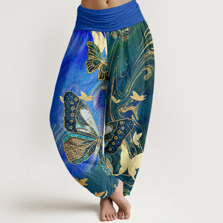 Buddha Stones Casual Butterfly Gold Line Pattern Women's Elastic Waist Harem Pants