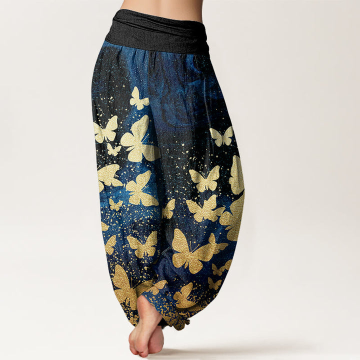 Buddha Stones Casual Golden Butterfly Pattern Women's Elastic Waist Harem Pants