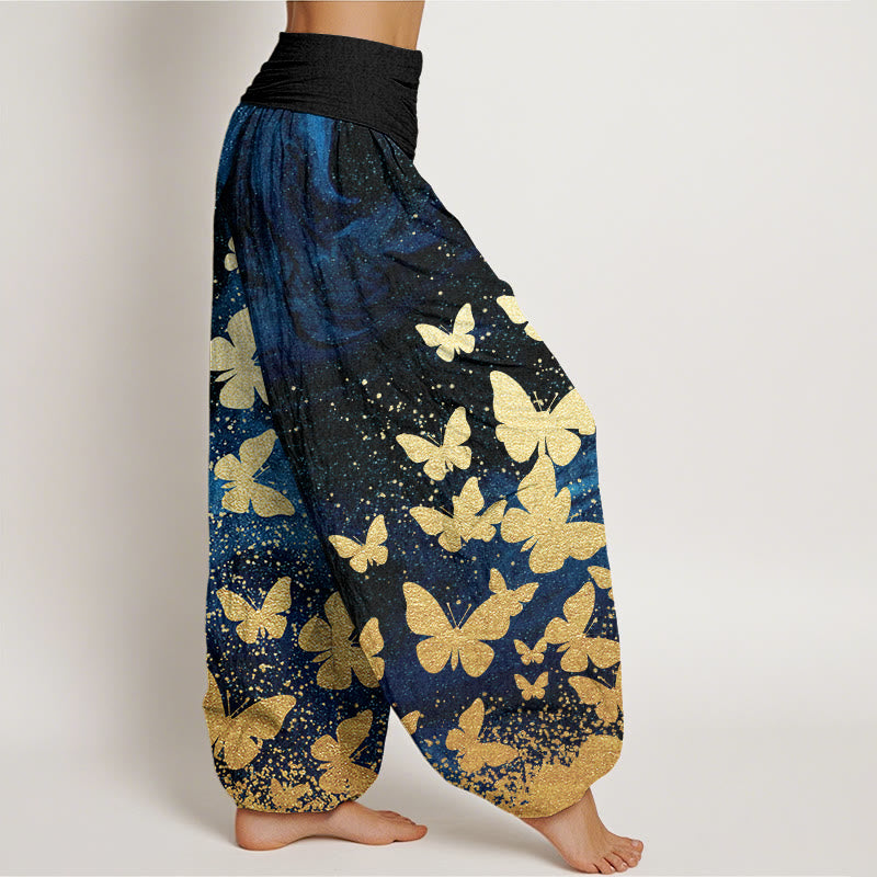 Buddha Stones Casual Golden Butterfly Pattern Women's Elastic Waist Harem Pants