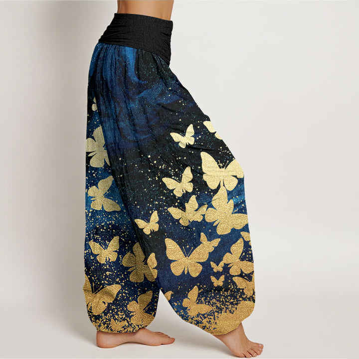 Buddha Stones Casual Golden Butterfly Pattern Women's Elastic Waist Harem Pants