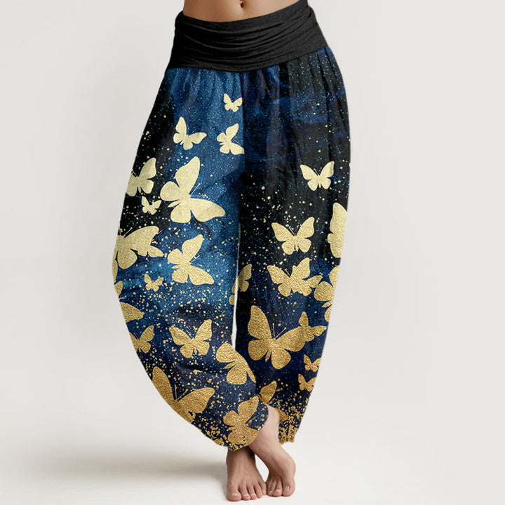 Buddha Stones Casual Golden Butterfly Pattern Women's Elastic Waist Harem Pants
