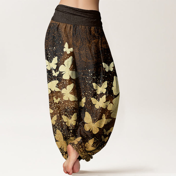 Buddha Stones Casual Golden Butterfly Pattern Women's Elastic Waist Harem Pants