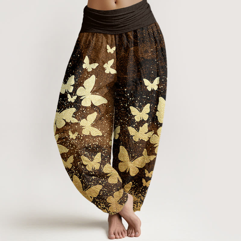 Buddha Stones Casual Golden Butterfly Pattern Women's Elastic Waist Harem Pants