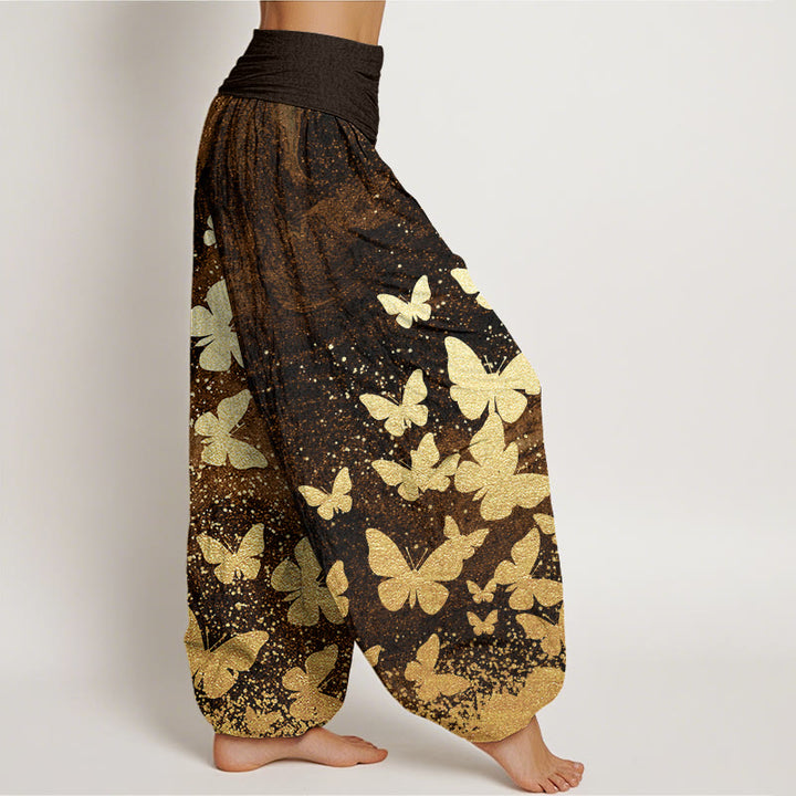 Buddha Stones Casual Golden Butterfly Pattern Women's Elastic Waist Harem Pants