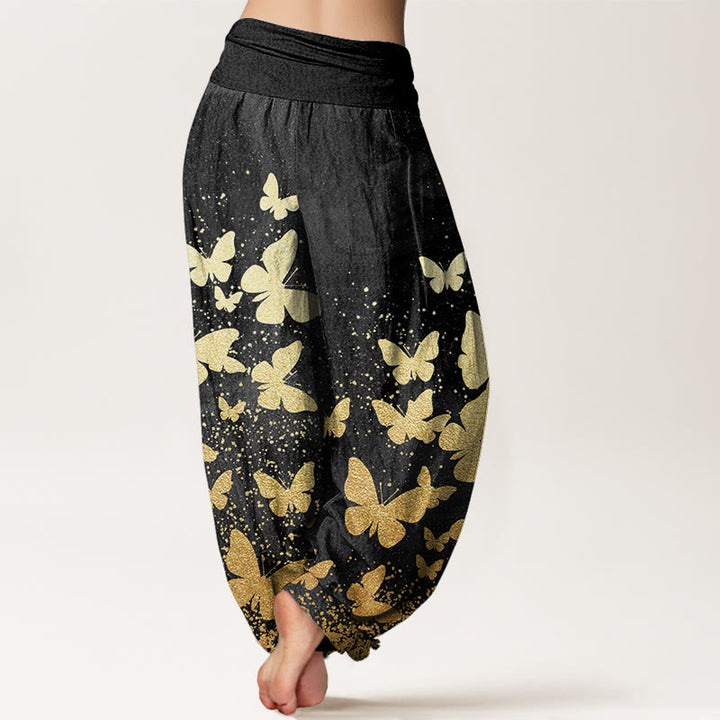 Buddha Stones Casual Golden Butterfly Pattern Women's Elastic Waist Harem Pants