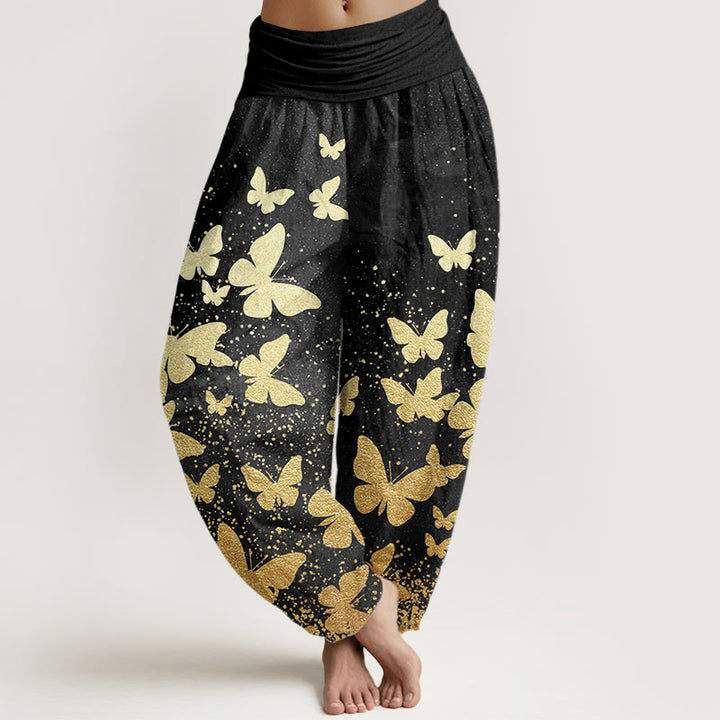 Buddha Stones Casual Golden Butterfly Pattern Women's Elastic Waist Harem Pants