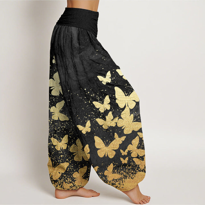 Buddha Stones Casual Golden Butterfly Pattern Women's Elastic Waist Harem Pants